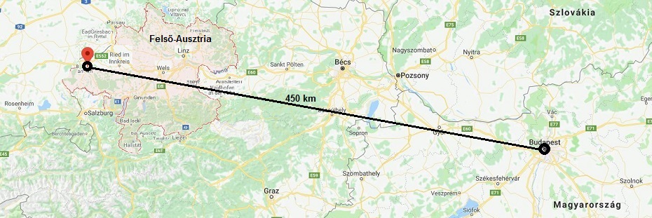 Felső-Ausztria és Budapest távolsága légvonalban